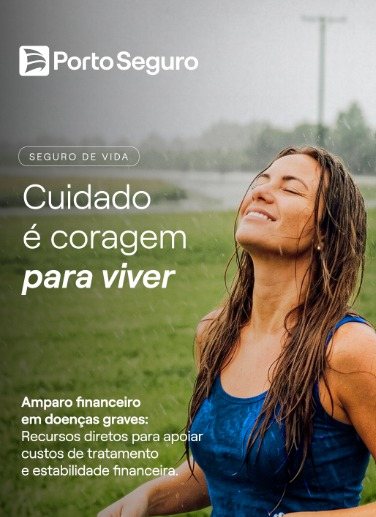 Mulher sorrindo sob a chuva — Seguro de Vida Porto: cuidado é coragem para viver. Amparo financeiro em doenças graves